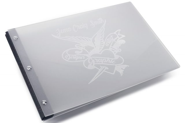 Laser Etching on Frosted Clear Acrylic Portfolio with Dark Grey Binding Hinge