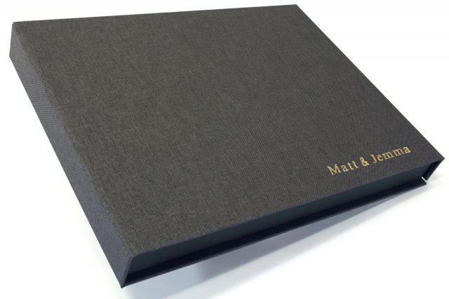 Gold Foil Letterpress on Dark Grey Cloth Presentation Box
