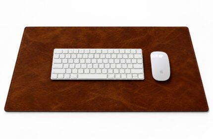 Fcp Leather Desk Mat 750x400 Sideview Capri Walnut With Keyboard