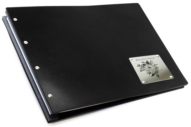 Laser Etching on Stainless Steel Plaque on Black Leather Portfolio with Dark Grey Binding Hinge