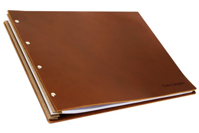 Letterpress on Dark Tan Leather Portfolio with Light Brown Binding Hinge