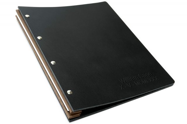 Letterpress on Black Leather Portfolio with Light Brown Binding Hinge