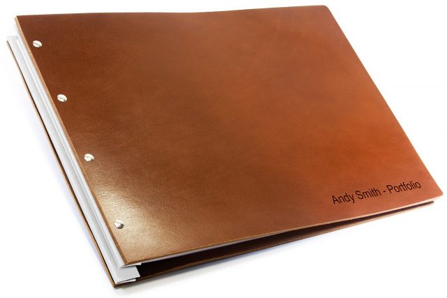Letterpress on Dark Tan Leather Portfolio with White Binding Hinge