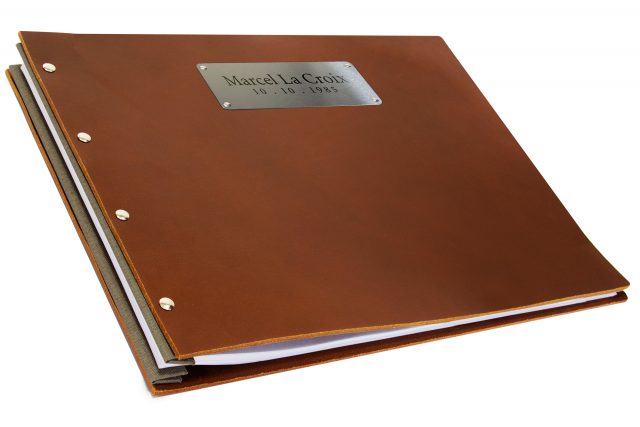 Laser Etching on Stainless Steel Plaque on Dark Tan Leather Portfolio with Light Grey Binding Hinge