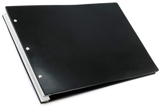 Letterpress on Black Leather Portfolio with White Binding Hinge