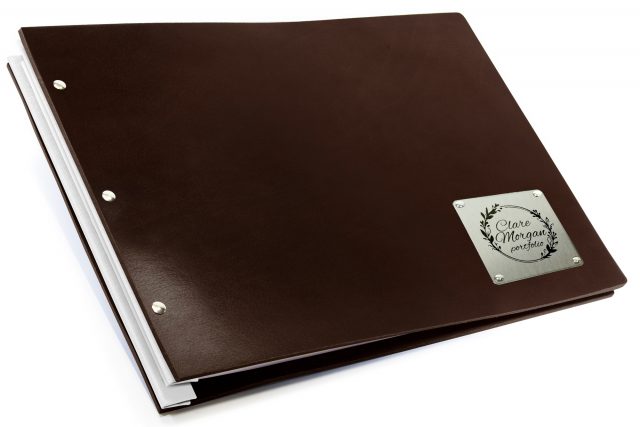 Laser Etching on Stainless Steel Plaque on Chocolate Leather Portfolio with White Binding Hinge