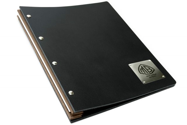 Laser Etching on Stainless Steel Plaque on Black Leather Portfolio with Light Brown Binding Hinge