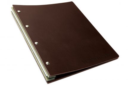Letterpress on Chocolate Leather Portfolio with Light Grey Binding Hinge