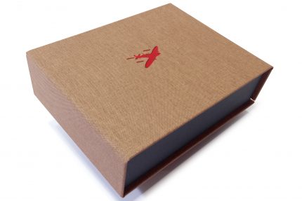 Red Foil Debossing on Light Brown Cloth Presentation Box
