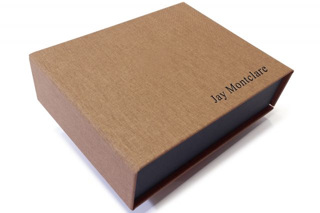 Black Foil Letterpress on Light Brown Cloth Presentation Box