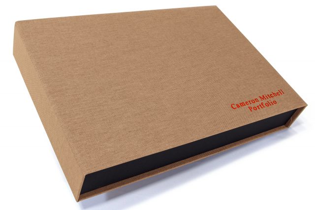 Red Foil Letterpress on Light Brown Cloth Presentation Box