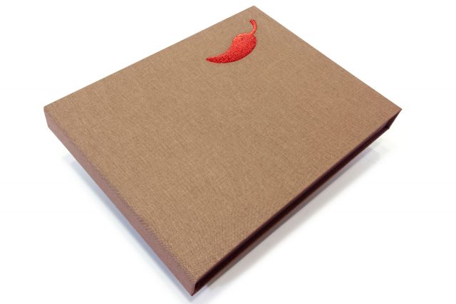 Red Foil Debossing on Light Brown Cloth Presentation Box