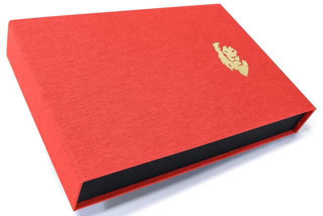 Gold Foil Debossing on Red Peach Cloth Presentation Box