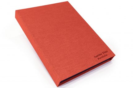 Black Foil Letterpress on Red Peach Cloth Presentation Box