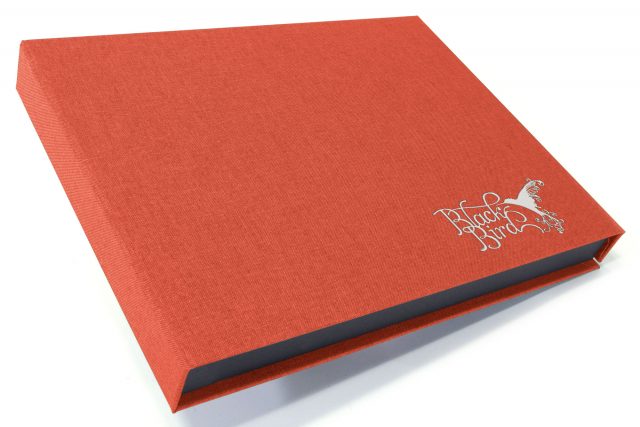 Silver Foil Debossing on Red Peach Cloth Presentation Box